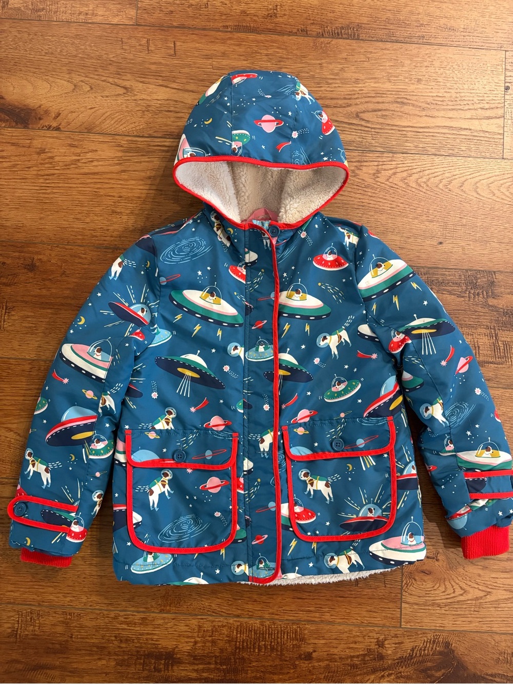 Mini Boden Kids Space Dog UFO Fleece Lined Hooded Coat 7-8Y 128cm